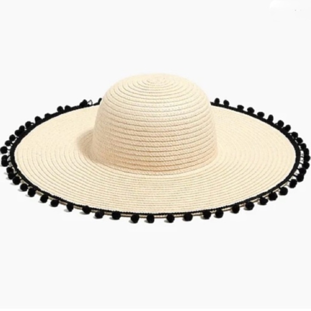 J.Crew Straw Beach Sun Hat Wide Brim Floppy with Pom-Pom Trim One Size